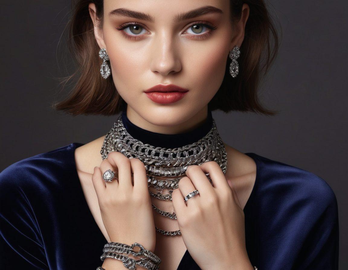 A close-up of a stylish model showcasing a variety of chic steel accessories, including elegant bracelets, necklaces, and rings, set against a luxurious velvet backdrop. Highlight the sparkle of the steel against the textures, capturing the essence of modern fashion. Include soft, diffused lighting to enhance the glamour and sophistication of the scene. super-realistic. vibrant colors. luxurious background.