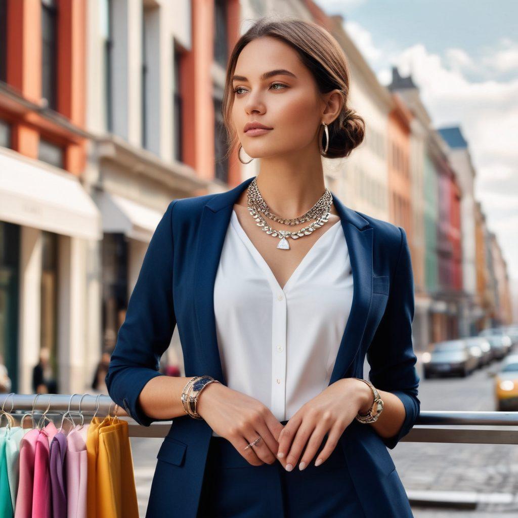A fashionable young woman confidently wearing a stylish outfit that showcases high-quality steel accessories, like a sleek necklace and bracelets, surrounded by elegant fashion elements such as fabric swatches and color palettes. The background features a soft-focus cityscape, hinting at modern urban style. The overall vibe exudes sophistication and chicness. super-realistic. vibrant colors. white background.